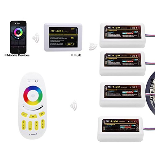 FindyouLED® 2.4G 4-Zone LED Wireless RF WiFi Compatible RGB/W(RGB+White) Controller Kit: 4pcs RGBW Controller ML-120201 + Dimmer Touch RF Remote ML-120202+WIFI Box ML-120203, Compatible with Smartphone/Tablet PC, Free With Wall Support Holder for Remote
