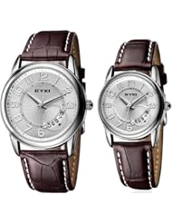 EYKI 8692 Couple Watches Quartz Waterproof Wristwatches for Lovers Pair in Package Silver Dial and Brown Leather Band