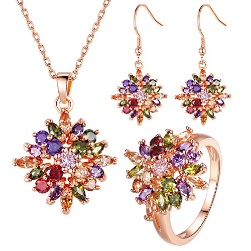 Bamoer Women Jewlery Sets 18K Gold Plated Pink Flower CZ Necklace Earring Ring