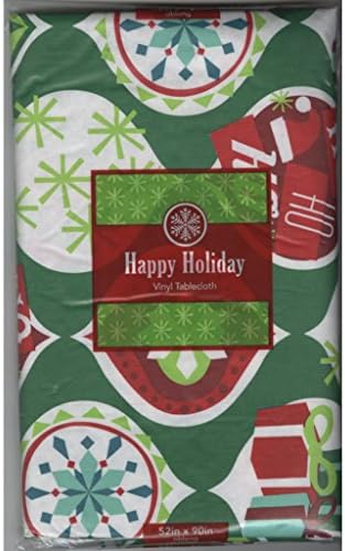 Happy Holidays Vinyl Tablecloth 52x90 Oblong - Christmas Images on Green