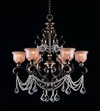 Crystorama Golden Teak Crystal Draped on a Wrought Iron Chandelier Handpainted with a Amber Glass Pa