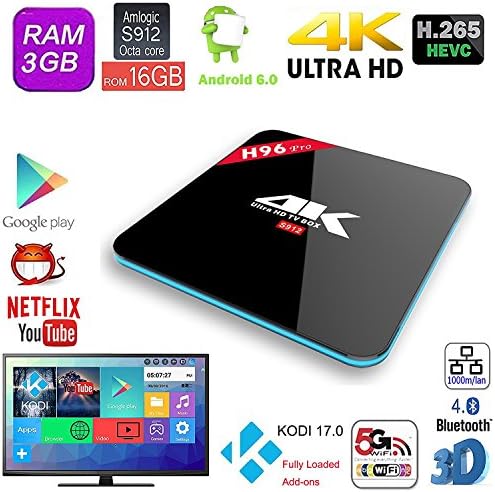 H96 PRO Android 6.0 3GB/16GB TV Box, Yubng Amlogic S912 Octa Core 4K UHD 3D Kodi 17.0 Fully Loaded Double WiFi 2.4G/5G Bluetooth 4.0 1000M Ethernet Streaming Media Player (H96 PRO 3GB/16GB)