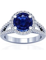 14K White Gold Round Cut Blue Sapphire Ring With Sidestones (GIA Certificate)