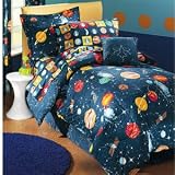 Glow in the Dark Planets Outer Space Comforter TWIN Size Boy's Galaxy Solar System Outer Space Themed Bedding BED in a BAG 1 Set Twin Sz Sheets 1 Pillowcase 1 Pillow Case Sham & Matching single twin Bed Size Dust Ruffle