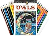 Creative Haven Owls Coloring Book (Adult Coloring) BOOK & COLORED PENS and PENCILS