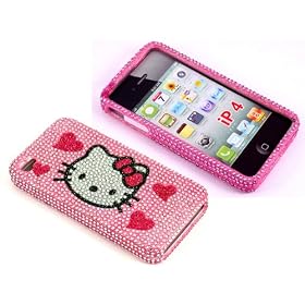 Smile Case Hello Kitty Pink Hearts Rhinestone Crysal Jeweled Snap on Full Cover Case for AT&T Verizon iPhone 4 4G (4-Four Hearts)