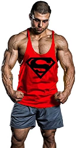 Men's BodyBuilding Superman S Logo Tank Top Stringer Gym Shirt (Medium, Red)