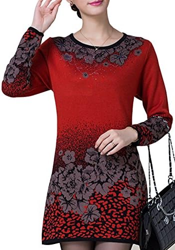 Rfy Women's Lady Elegance Floral Printed Round Neck Pullover Long Sweater M Rust Red
