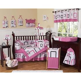 Pink and Black Geo Modern Baby Bedding - 9pc Crib Set