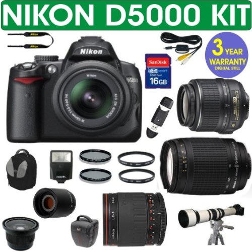 BRAND NEW NIKON D5000 (IMPORT) + NIKON 18-55mm VR LENS + NIKON 70-300mm G ZOOM LENS + VIVITAR 500mm MIRROR LENS + 2X TELECONVERTER LENS + .40X SUPER WIDE ANGLE FISHEYE LENS + 650-1300mm Zoom Lens + 16GB HIGH SPEED MEMORY CARD CLASS 10 + 3 YEAR WORLDWIDE WARRANTY