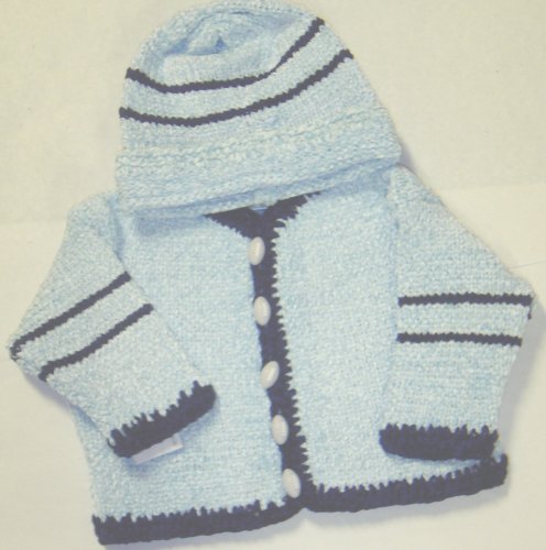 Ck25, Knitted on Hand Knitting Machine Finished with Hand Crochet Infant Boys Blue Chenillewith Navy Stripe Cardigan, Hat Set Trimmed with Football Buttons