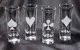 4 Glass Set Playing Cards Suits Heart Spade Club Diamond 2 oz. Etched Shooter Shot Glass