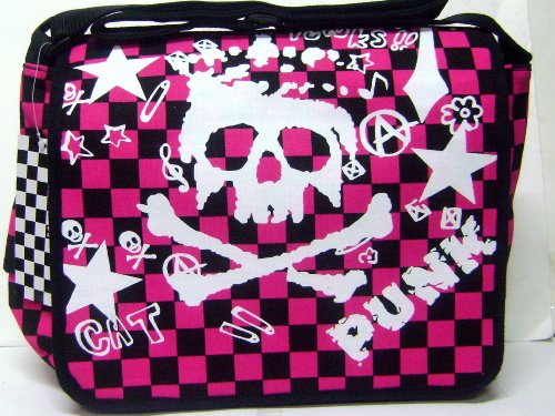 Skull Checkerboard Pink/ Black Messenger Bag Bonus Necklac