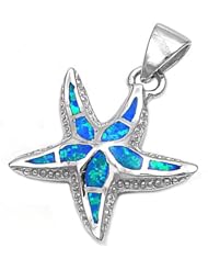 Sterling Silver Womens Blue Fire Opal Starfish Pendant Charm Pure 925 New 20mm with 1.3mm Curb Chain