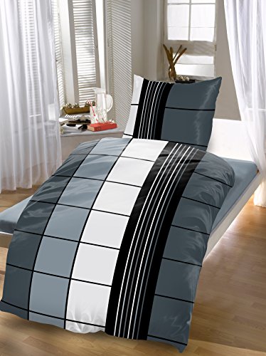 4 tlg. Bettwäsche Karo 135 x 200 cm in anthrazit grau aus Microfaser
