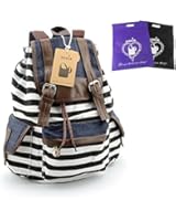 DAKIA Cute & Pretty Girls Canvas and PU leather Stripe Backpack for School/ Travel/Daily use