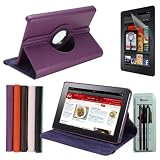 Rasfox Purple 360 Rotating Leather Flip Hard Stand Case Cover + Screen Protector + 3 Stylus Pen for Amazon Kindle Fire Tablet (All Models)