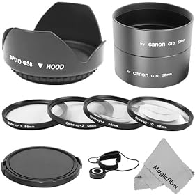 Essential Kit for Canon PowerShot G12 - G11 - G10, Includes: Aluminum Lens Adapter Tube + Macro Close Up Set (+1 +2 +4) + Tulip Flower Lens Hood + Lens Cap + Lens Cap Keeper + Premium Goja Microfiber Cleaning Cloth