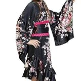 女度アップ花魁系サテン地アシンメトリ着物ロングドレス/黒/桜ぼたん柄/as76