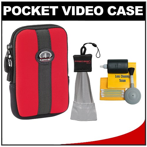 Tamrac 3814 Neoprene Neo's Pocket Video Camcorder/ Camera Case (Red) with Mini Spudz + 5-Piece Cleaning Kit for Sony Bloggie MHS-PM5, TS10, TS20, FS1, FS2 and FS3 (3D)