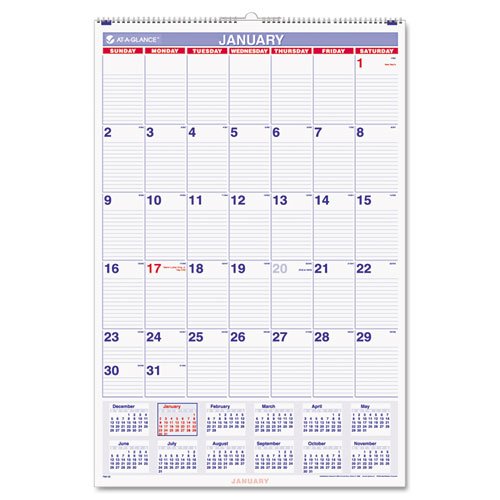 AT-A-GLANCE Monthly Wall Calendar with Ruled Daily Blocks, 20 x 30, White, 2016