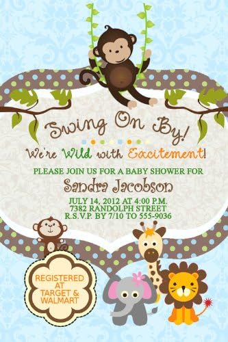 Jungle Baby Shower Invitations Swinging Monkey Giraffe Lion Elephant Personalized