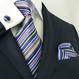 Landisun 85H Multi-Color Stripes Mens Silk Tie Set: Tie+Hanky+Cufflinks
