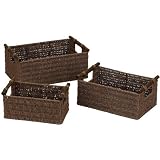Household Essentials Hand-Woven Paper Rope Baskets with Wood Handles, Dark Brown Stain, Set of 3