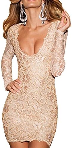 ZLM Women's Fashion Sexy Low-cut Backless Deep V Lace Bodycon Mini Dress Carnation