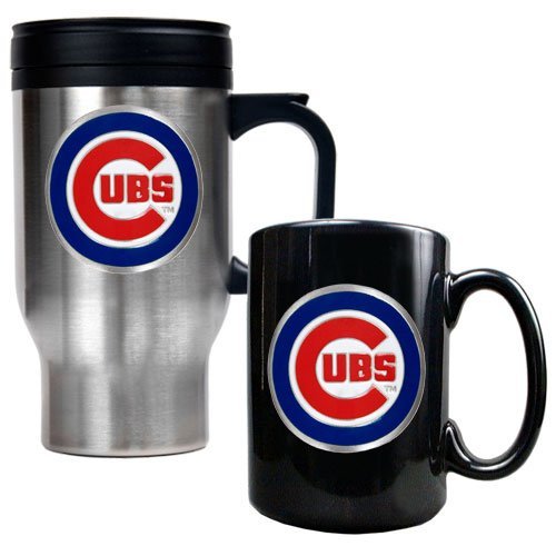 MLB Chicago Cubs Stainless Steel Travel Mug & Black Ceramic Mug Set - Primary Logo