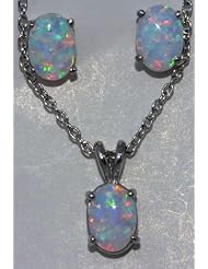 7x5mm Opal Oval Stud Earrings and Pendant Set .925 Sterling Silver Rhodium Finish White Gold Quality