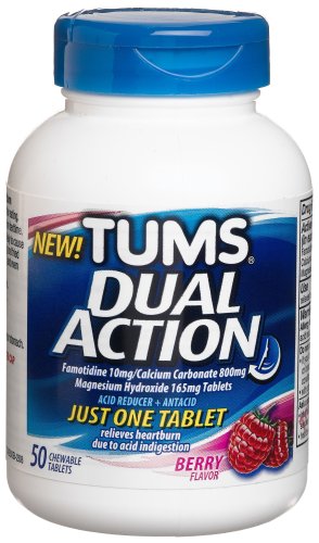Tums Dual Action Acid Reducer plus Antacid Chewable Tablets, 50-Count Bottle, Berry Flavor