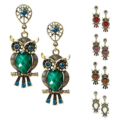Bleek2Sheek Medium Antiqued Turquoise Crystal Wise Owl Dangle Earrings