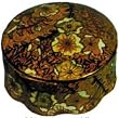 Hand painted round chinese porcelain trinket box with lid - Golden Plum Blossom design with gold filigree