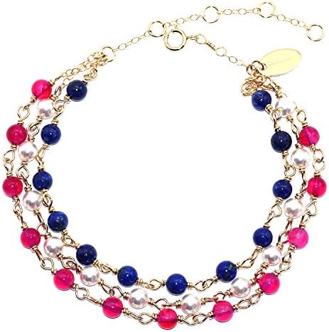 Handmade 14kt Gold-Filled 3 Strand 9"Bracelet with Swarovski Elements Pearl Lapis Lazuri Chalcedony