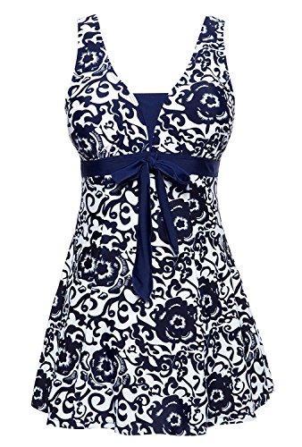 MiYang Women's Bowknot Printing Skirt Spa Swimsuit Padded Bathing Swimwear, Navy(one piece), X-Large(US Size14-16)