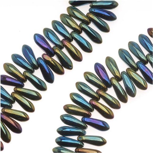 Czech Pressed Glass 3 x 10mm Dagger Beads - Green Iris (50)