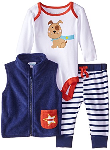 Happi by Dena Baby-Boys Newborn Super Dog 3 Piece Fleece Vest Set, Navy, 0-3 Months