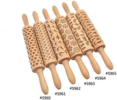 Stylish Pattern Embossing Rolling Pin Wooden Laser Cut Curved Baking Tools Color:S965