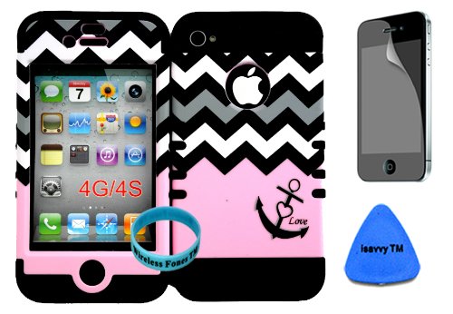 Apple Iphone 4/4s Pink Block Chevron with Anchor Pattern Design Textured Protective Cover Case Black Silicone Gel Hybrid Dual Layer Case Cover. (Included: Screen Protector, Wristband and Pry Tool Exclusively By Wirelessfones Tm)