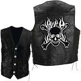 Diamond PlateTM Rock Design Genuine Buffalo Leather Motorcycle Vest with Skull and Crossbones Embroidered Patch