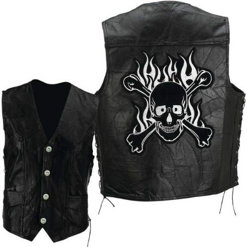 Diamond PlateTM Rock Design Genuine Buffalo Leather Motorcycle Vest with Skull and Crossbones Embroidered Patch