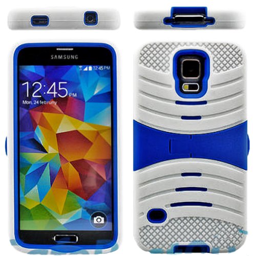 myLife Bright True Blue and Vibrant White - Shockproof Survivor Series (Built in Kickstand + Easy Grip Ridges) 2 Piece + 2 Layer Case for NEW Galaxy S5 (5g) Smartphone By Samsung (Internal Flex Silicone Bumper Gel + Internal 2 Piece Rubberized Fitted Armor Protector + Shock Absorbing Material)