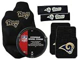 7 Piece NFL Gift Set - 2 Universal-Fit Molded Rubber Front Floor Mats and 2 Universal-Fit Seat Covers and 2 Seat Belt Shoulder Pads and Rubber Grip Steering Wheel Cover - St Louis Rams