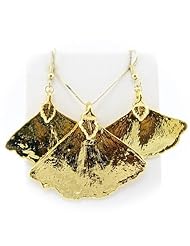 Gold Plated Ginko Real Leaf Pendant Sterling Silver Serpentine Chain Necklace Earrings