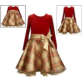 Bonnie Jean Little Girls 4-6X RED METALLIC GOLD PLAID VELVET SHEER OVERLAY Special Occasion Wedding Flower Girl Holiday Party Dress