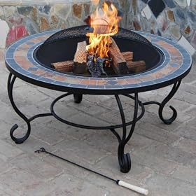 'Villa Beacon' 35 inch Diam. Natural Slate Coffee Table with Fire Pit / BBQ Grid, Safety Mesh & Weather Cover