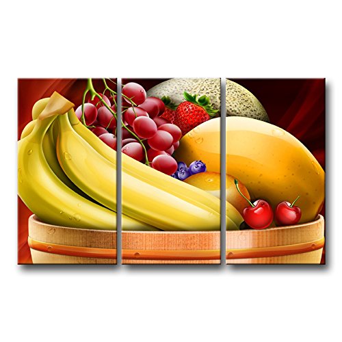 So Crazy Art 3 Panel Yellow Orange Wall Art Painting Fruit Basket Banana Berry Cherry Grapes