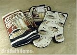 Cafe Coffee Kitchen Towel Set includes TWO Kitchen Towels, One Pot Holder, One Oven Mitt