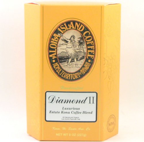 Aloha Island Coffee Company Diamond II, Luxurious Estate Kona Coffee Blend, 8-Ounce Box